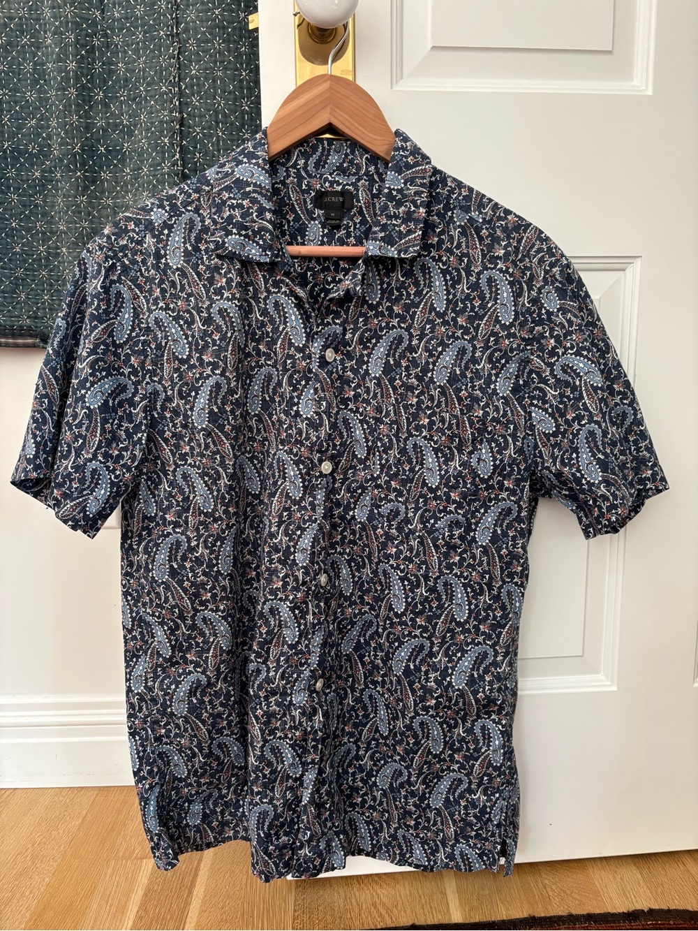 Vintage J. Crew Navy and Tan Paisley Short-Sleeve Button-Down Shirt